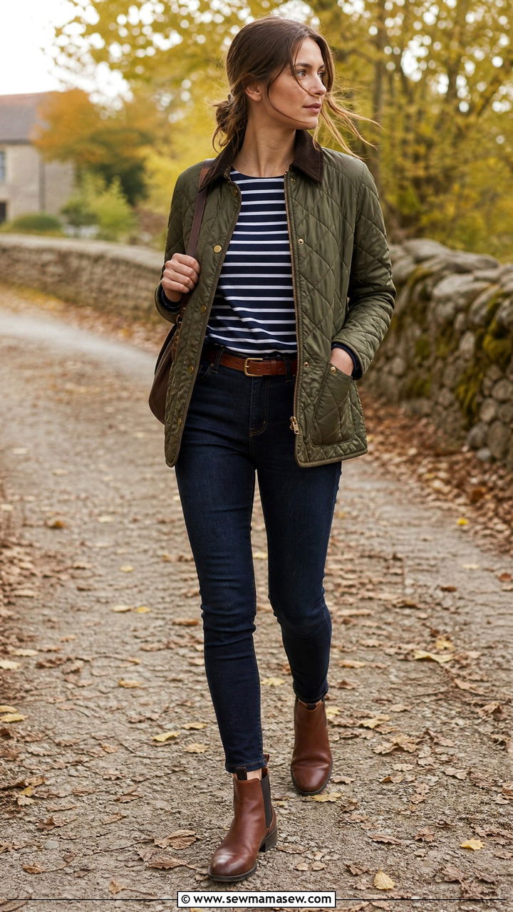 Saint James shirt with quilted jacket and dark skinny jeans - 25 French girl outfit ideas with Saint James shirt
