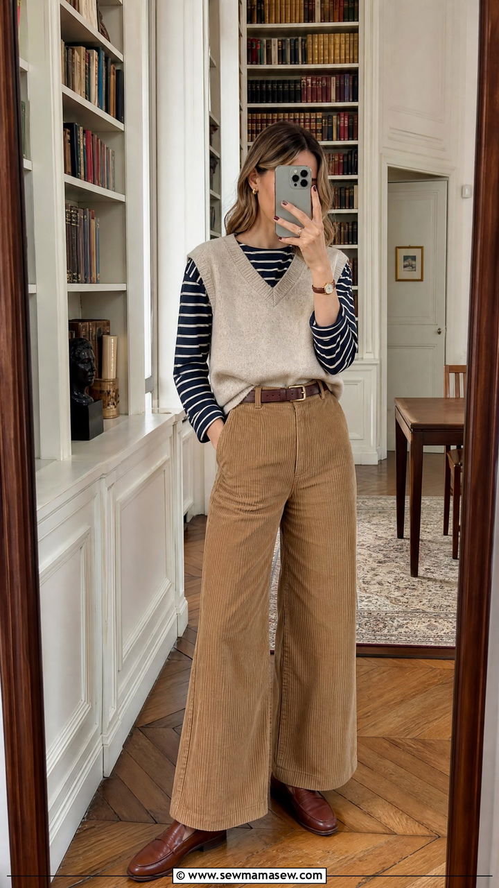 Saint James shirt with sweater vest and corduroy pants - 25 French girl outfit ideas with Saint James shirt