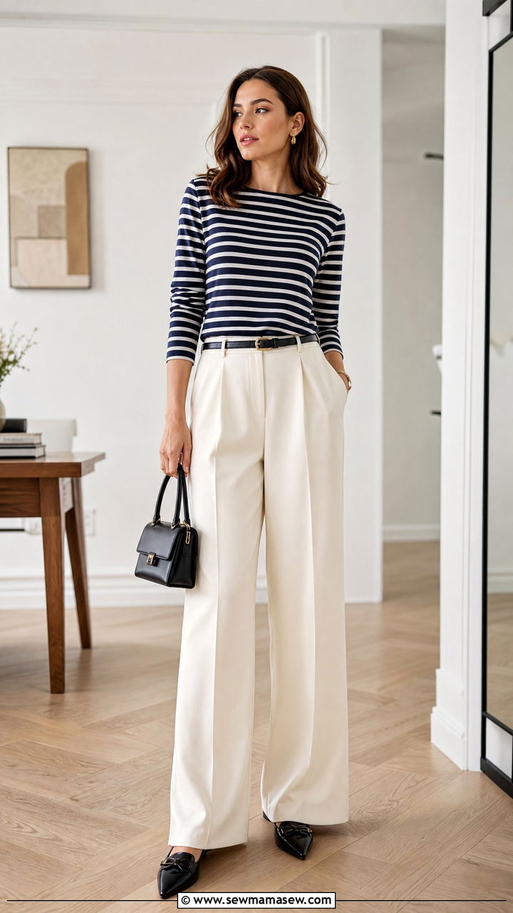 Saint James shirt with tailored wide leg pants - 25 French girl outfit ideas with Saint James shirt