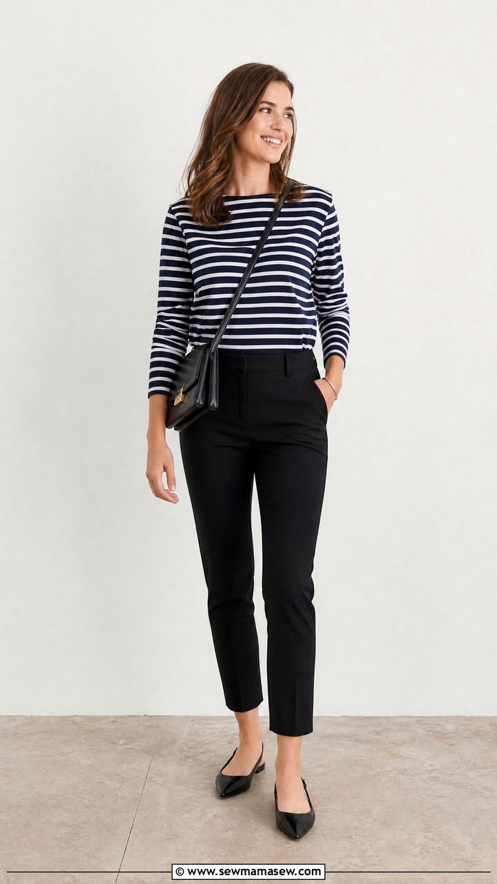 Saint James striped top with black ankle pants - 25 French girl outfit ideas with Saint James shirt
