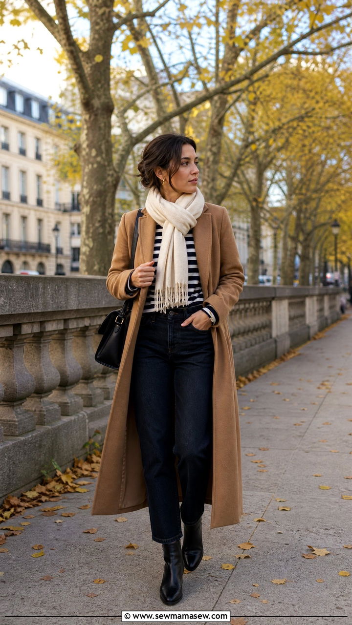 Saint James striped top with camel coat and jeans - 25 French girl outfit ideas with Saint James shirt