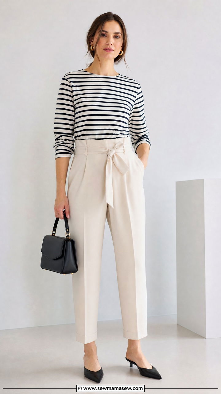 Saint James top with belted paperbag trousers - 25 French girl outfit ideas with Saint James shirt