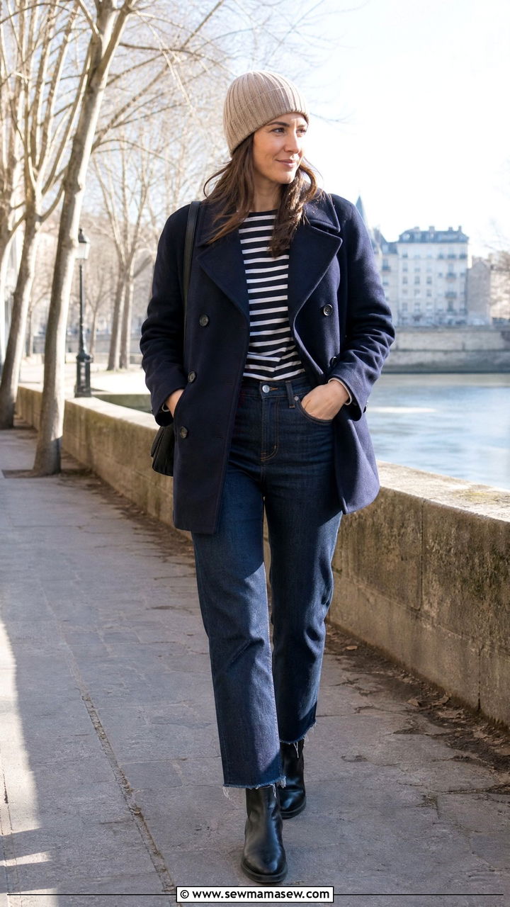 Saint James top with pea coat and raw hem denim - 25 French girl outfit ideas with Saint James shirt