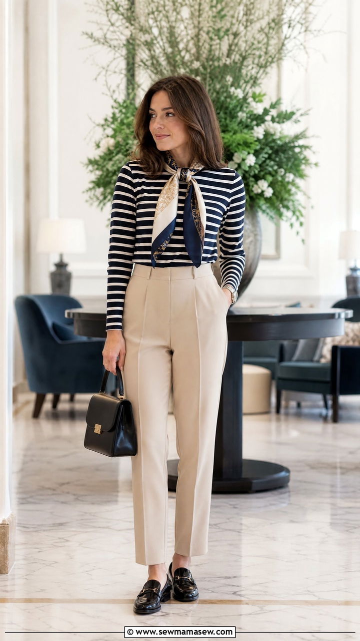 Saint James top with silk scarf and tailored trousers - 25 French girl outfit ideas with Saint James shirt