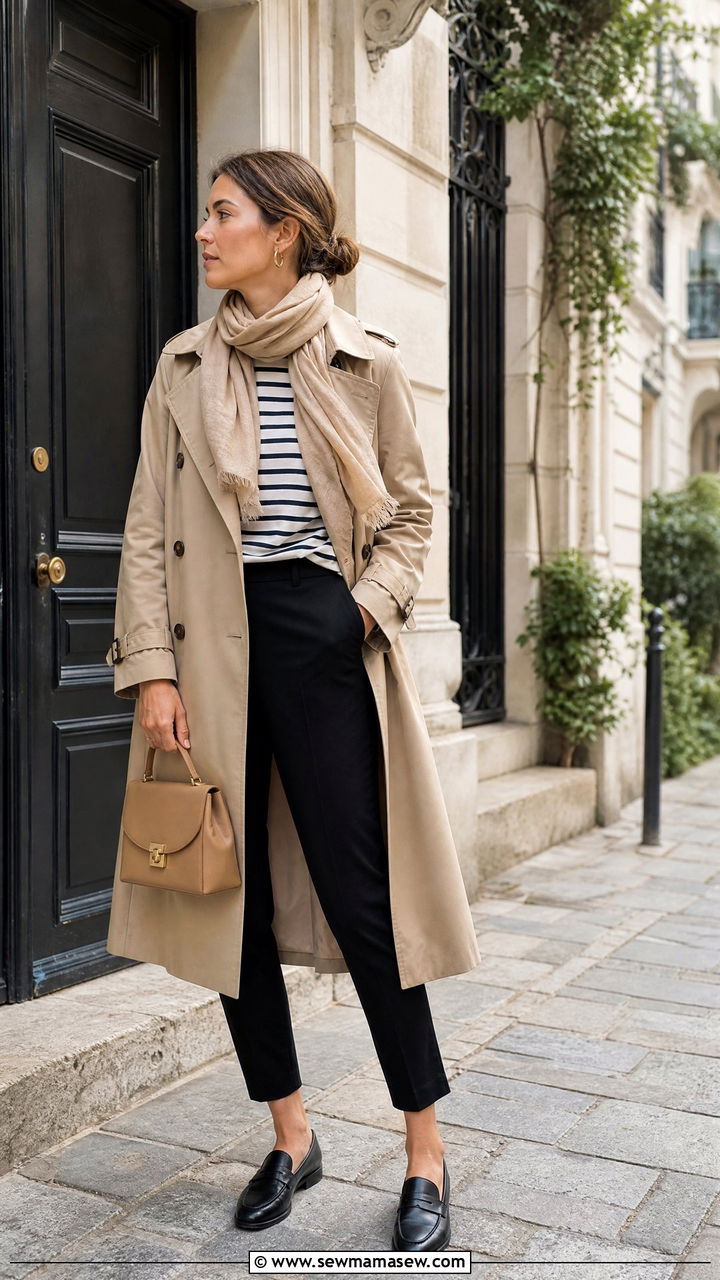Saint James top with trench coat and cigarette pants - 25 French girl outfit ideas with Saint James shirt