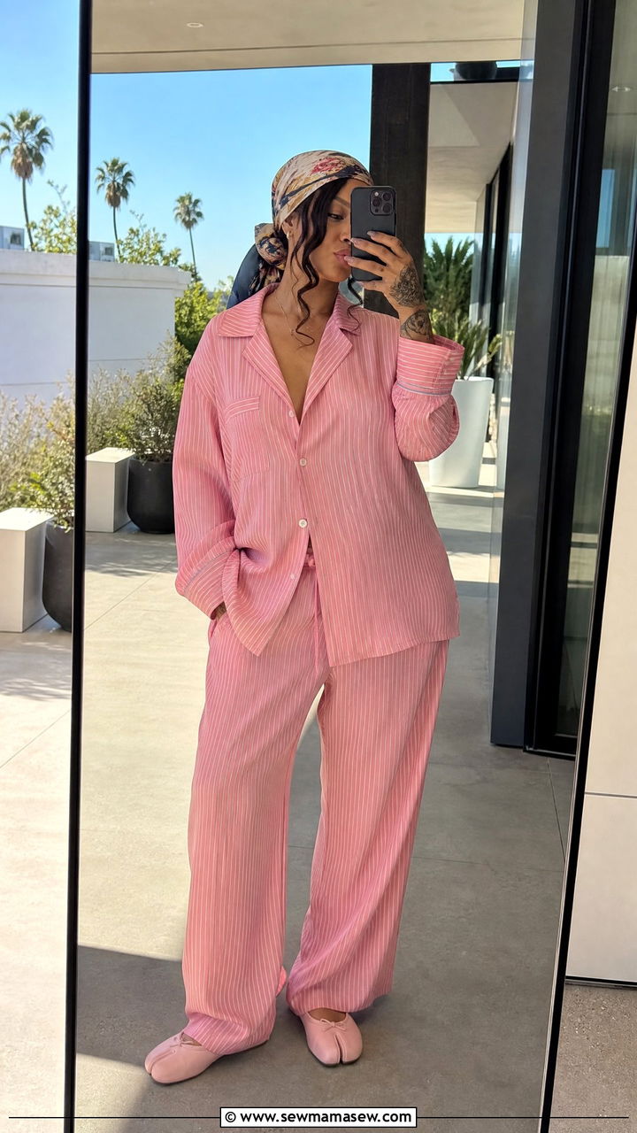 Salmon Striped Pajama Set With Tabi Flats and Silk Headscarf - 25 Rihanna spring outfit ideas