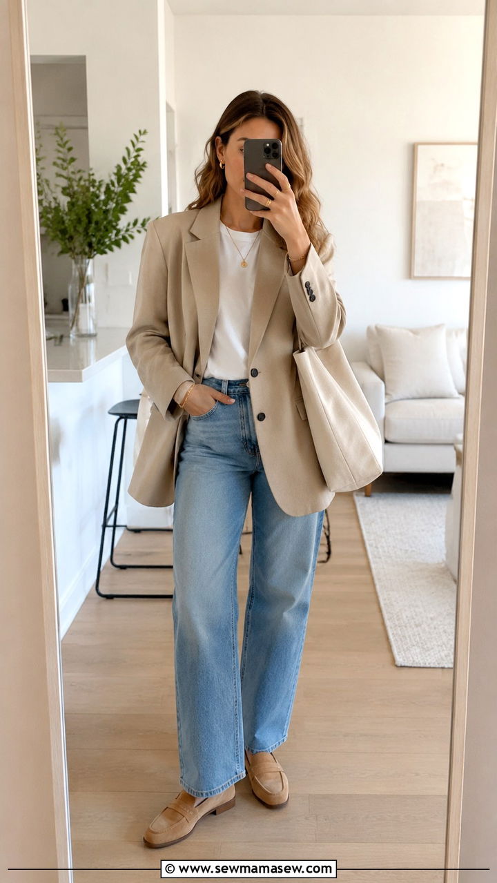 Sand Beige Oversized Blazer with Relaxed Denim and a White Tee - 30 Spring outfits in neutral