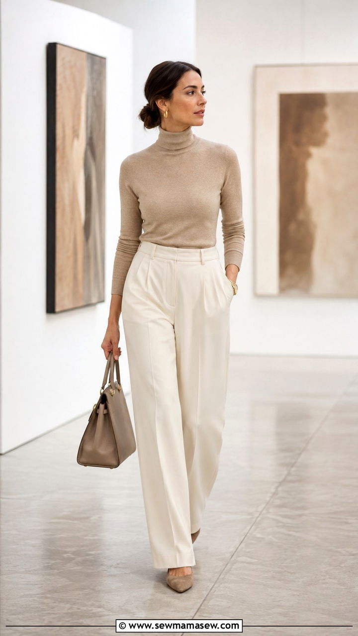 Sand Colored Turtleneck With Ecru Trousers Outfit - 25 Quiet luxury dupes outfit ideas