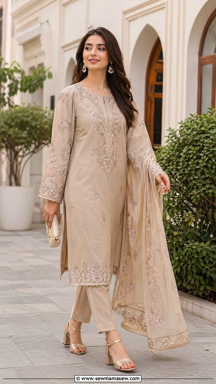 Sand Embroidered Straight Suit with Block Heels - 35 Eid outfit ideas for moms