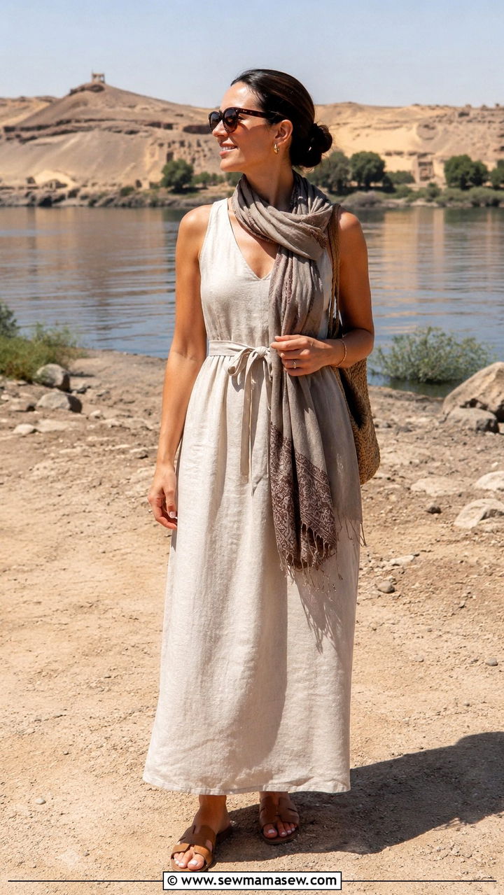 Sand colored linen maxi dress with leather slide sandals - 30 Nile cruise outfit ideas