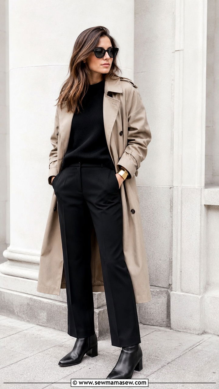 Sand colored trench coat over all black base - 30 quiet luxury capsule wardrobe outfits