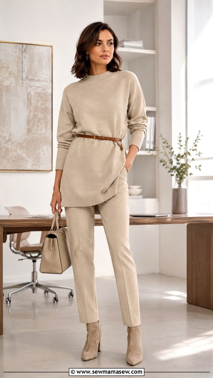 Sand longline sweater and tapered pants set - 30 Sweater and pants matching set outfit ideas