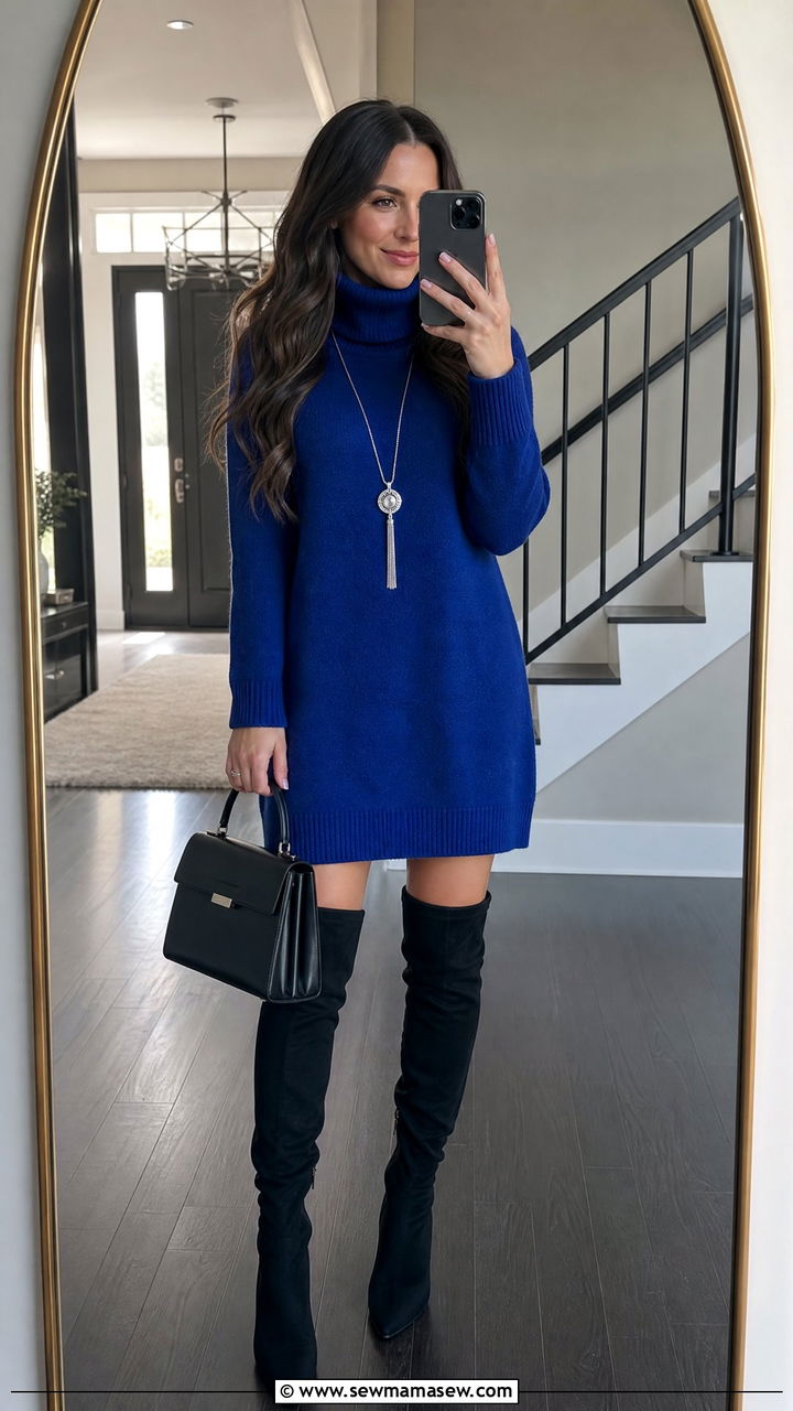 Sapphire Blue Turtleneck Sweater Dress With Tall Boots - 25 Hanukkah outfit ideas
