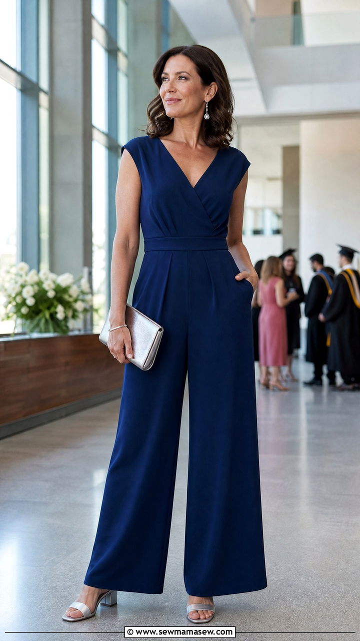 Sapphire Jumpsuit With Metallic Heels - 35 Graduation outfits for moms
