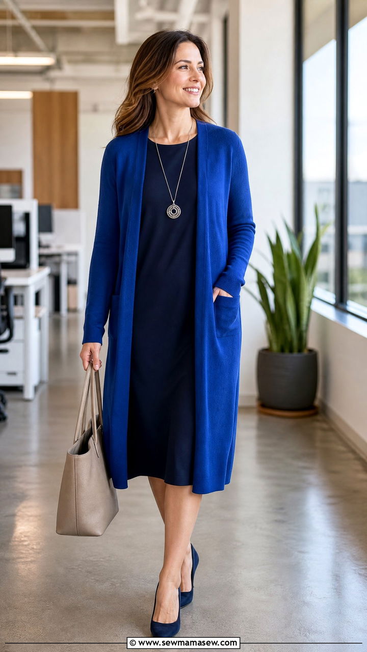 Sapphire blue cardigan and navy dress - 35 Jewel tone outfit ideas