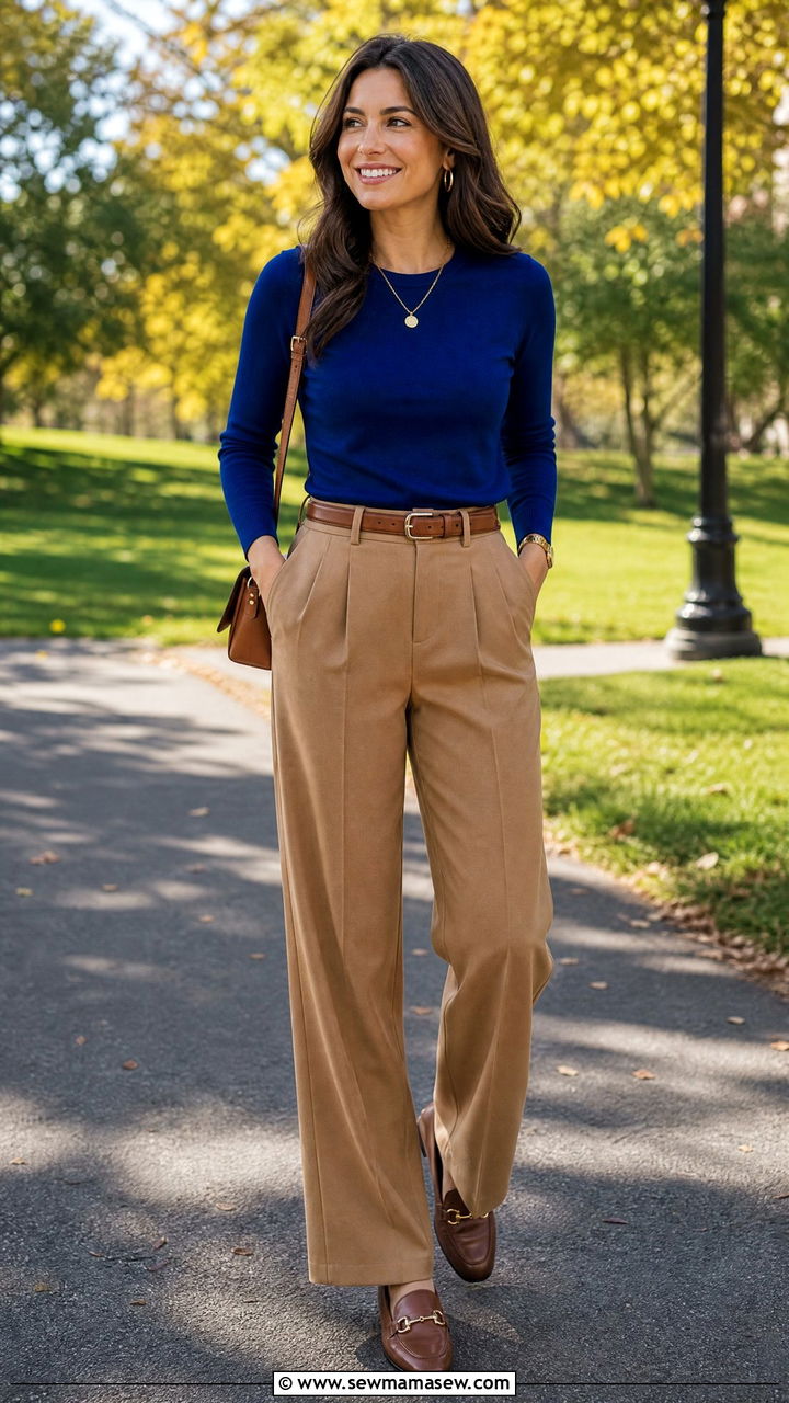 Sapphire blue sweater with camel trousers - 35 Jewel tone outfit ideas