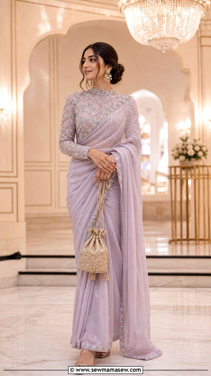 Saree With Embroidered Blouse And Heeled Sandals - 20 April Eid outfit ideas