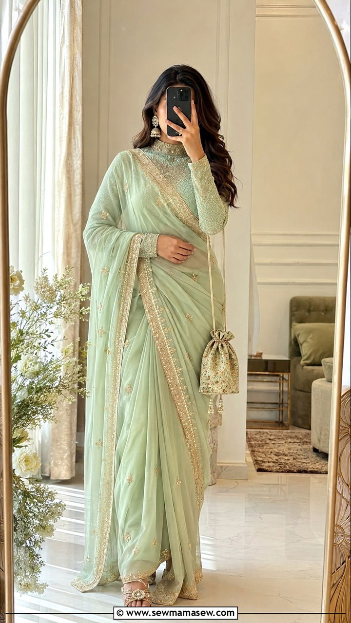 Saree with Modest Blouse Outfit - 25 Wedding guest outfit ideas Muslim wedding