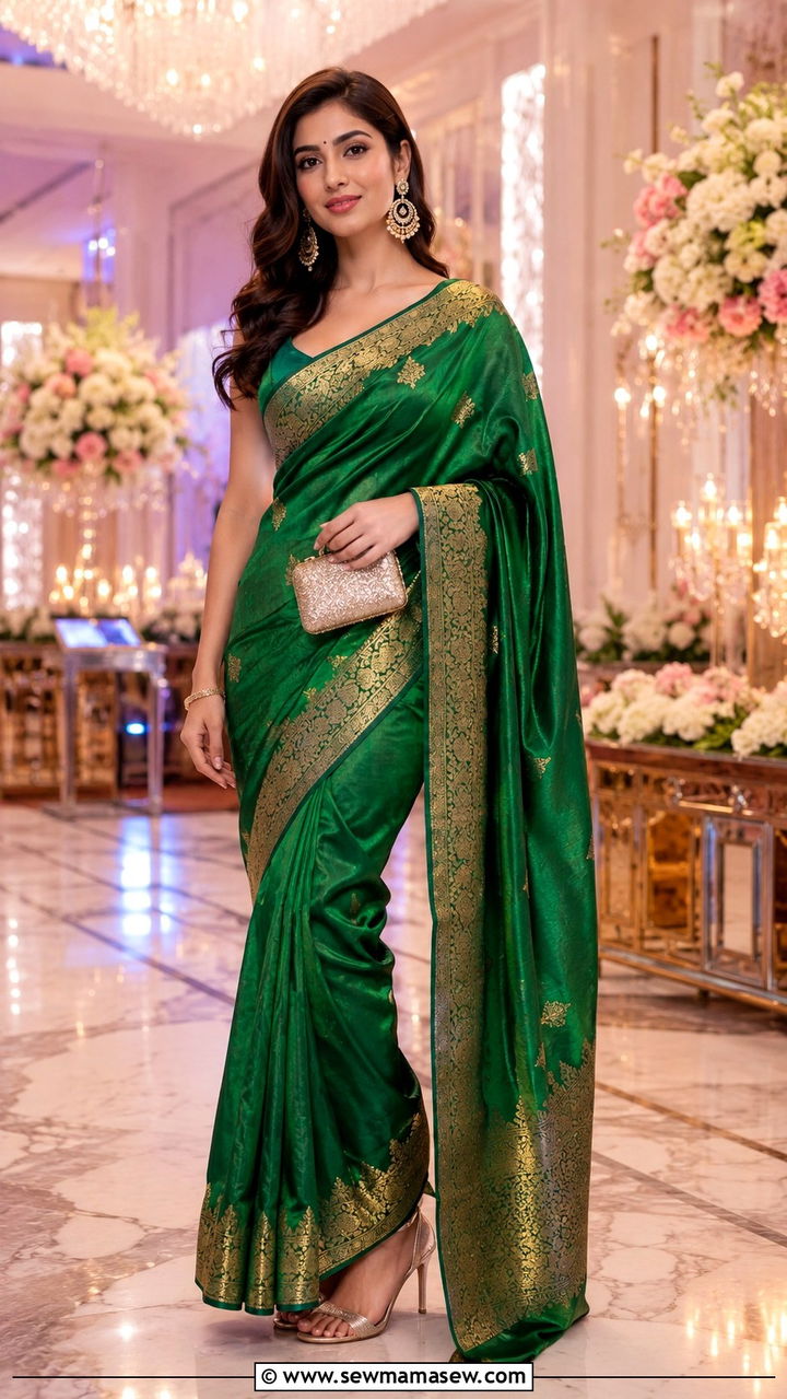Saree with sleeveless blouse and heels for reception - 30 Lahore outfit ideas