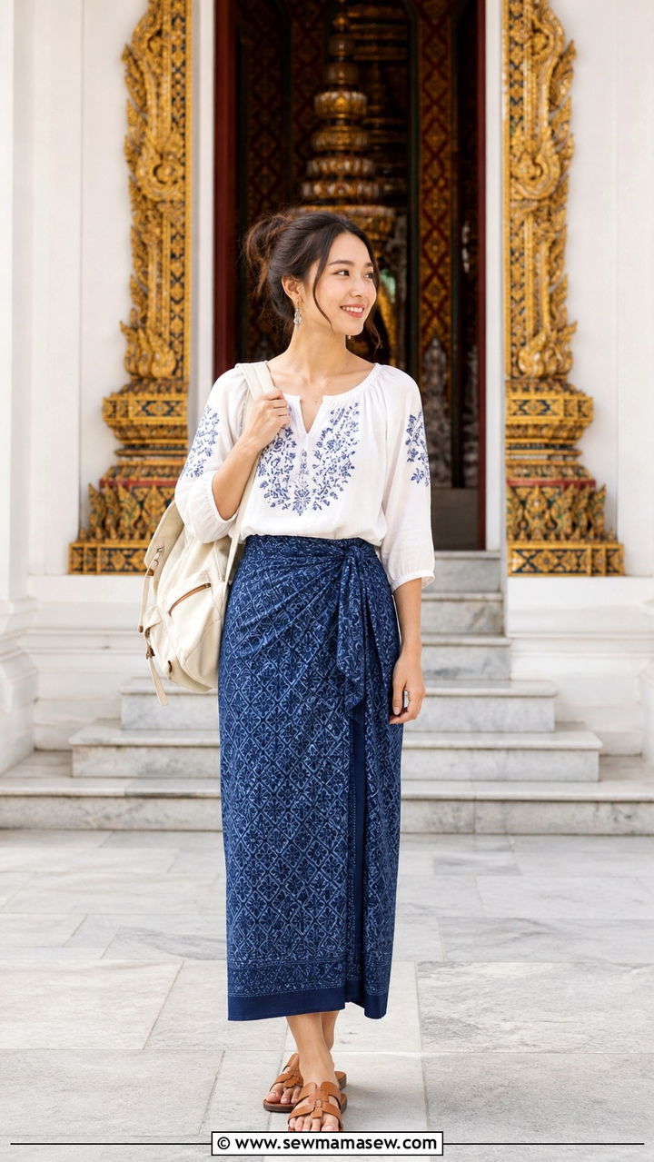Sarong Skirt and Embroidered Blouse for Temple Hopping - 40 What to wear in Bangkok