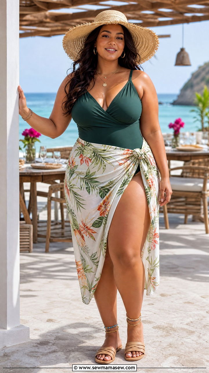 Sarong Skirt and One Piece Swimsuit with Slide Sandals - 30 Curvy girl summer outfit ideas