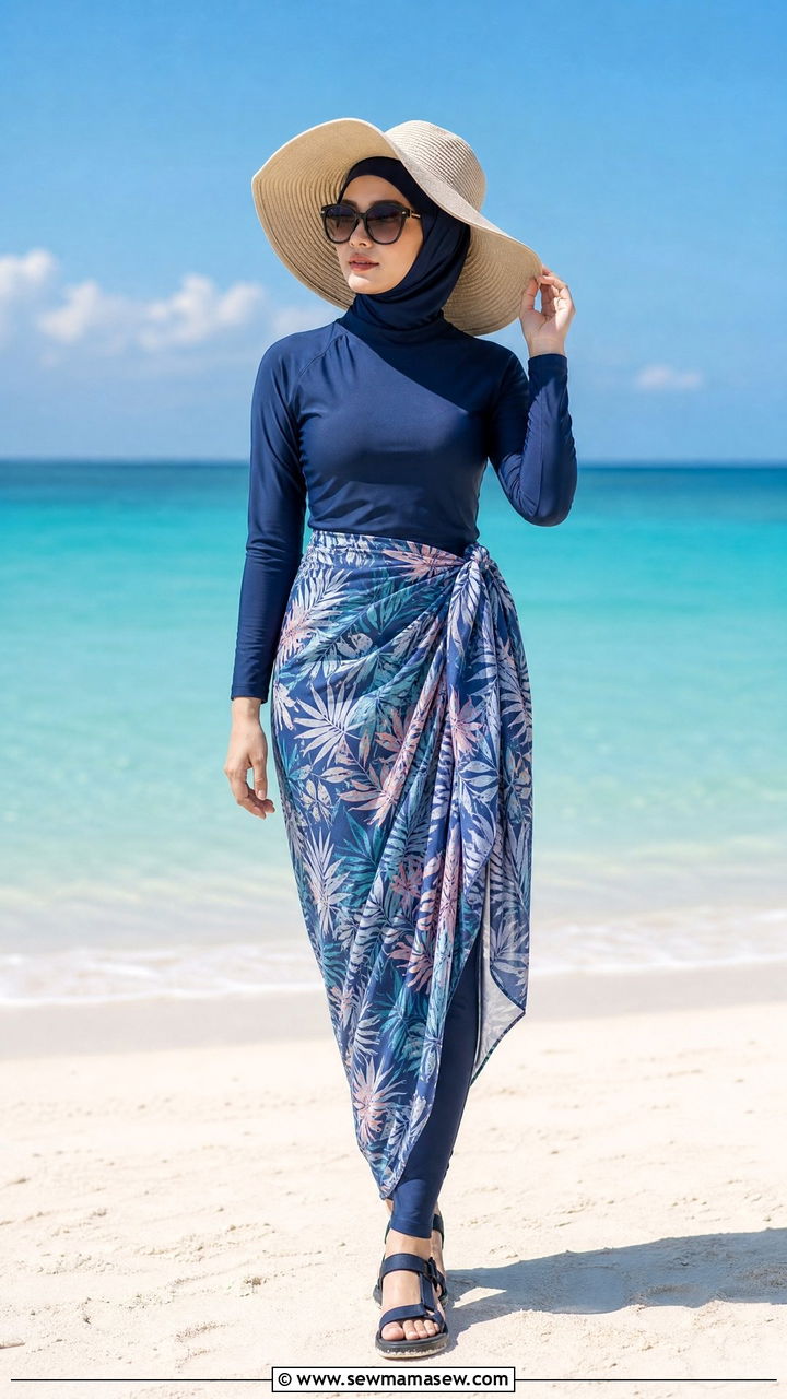 Sarong style wrap skirt with long sleeve rash guard - 25 Vacation outfit ideas Muslim women