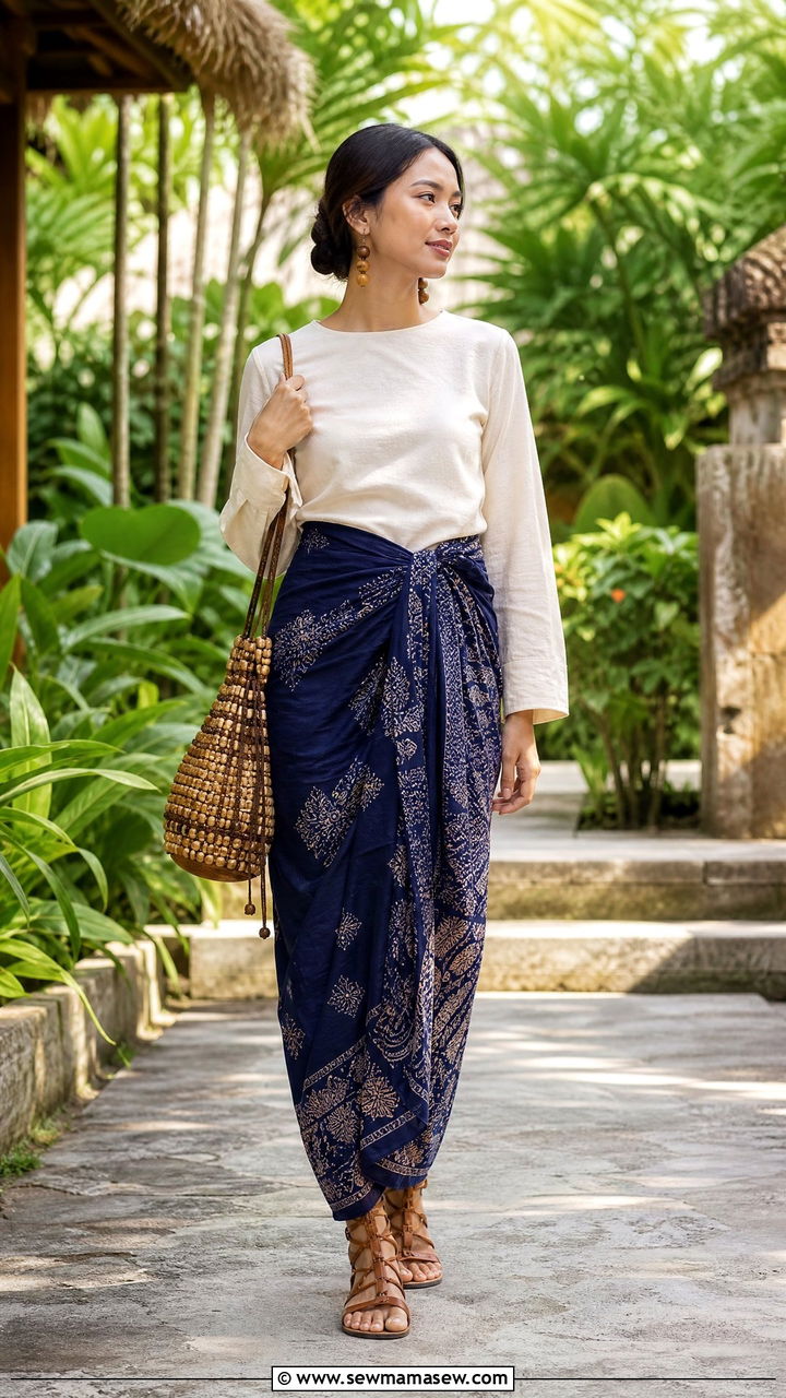 Sarong wrap skirt and blouse resort look - 30 modest resort vacation outfit ideas