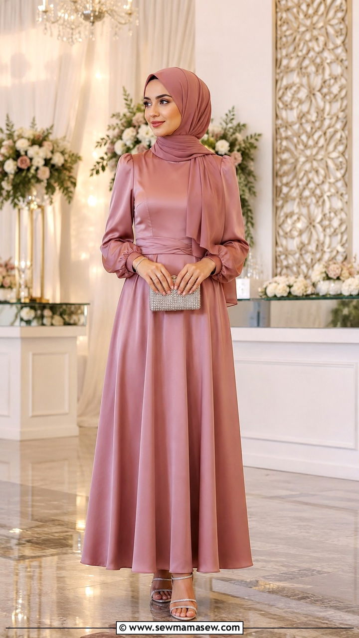 Satin A Line Dress With Chiffon Hijab - 30 Modest wedding guest outfit ideas with hijab