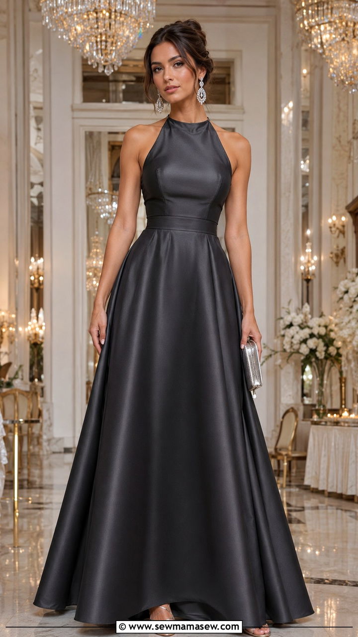 Satin A Line Gown with Statement Earrings - 25 Wedding guest outfit ideas A line dress