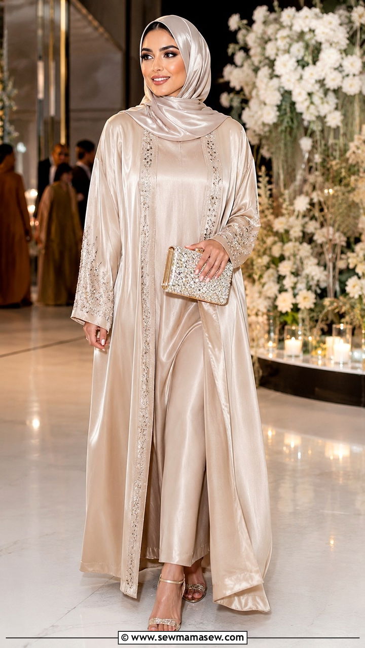 Satin Abaya With Embellished Clutch - 30 Modest outfit ideas with abaya