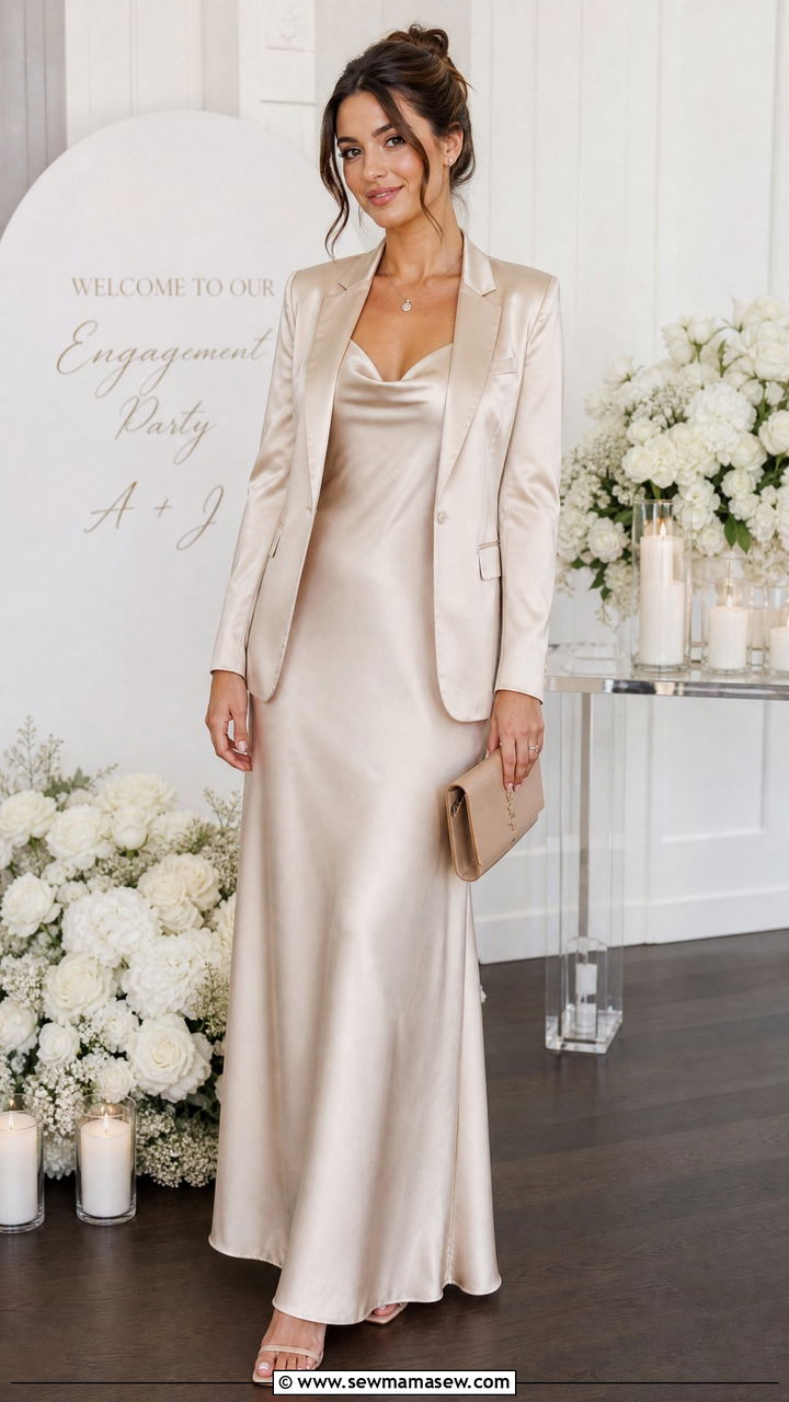 Satin Blazer With Matching Maxi Dress And Minimal Sandals - 30 Maxi dress outfit ideas with a blazer