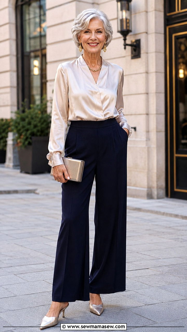 Satin Blouse And WideLeg Trousers For Wedding Guest - 20 Wedding guest outfit ideas for 70 year old