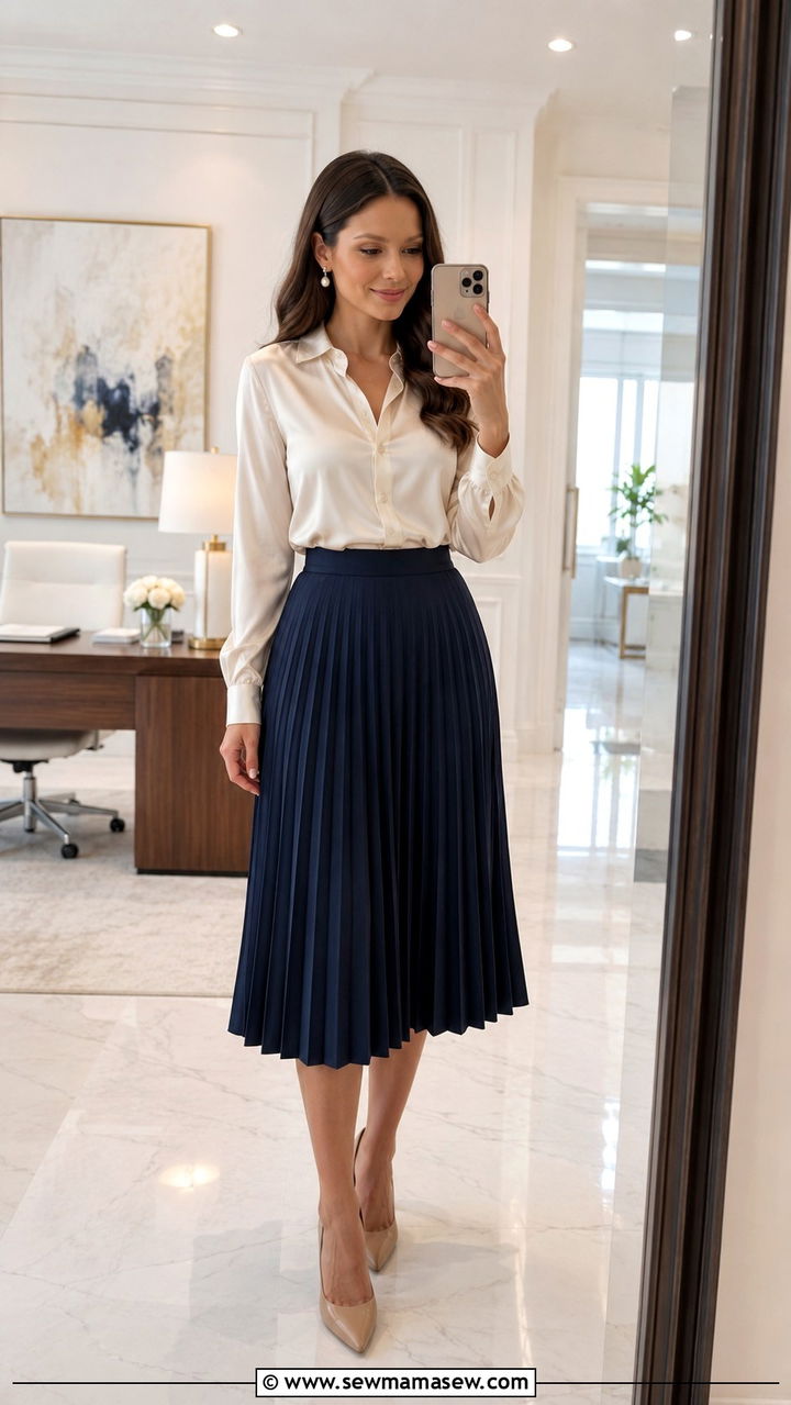 Satin Blouse With Pleated Midi Skirt And Nude Pumps - 30 Pleated skirt outfit ideas with heels