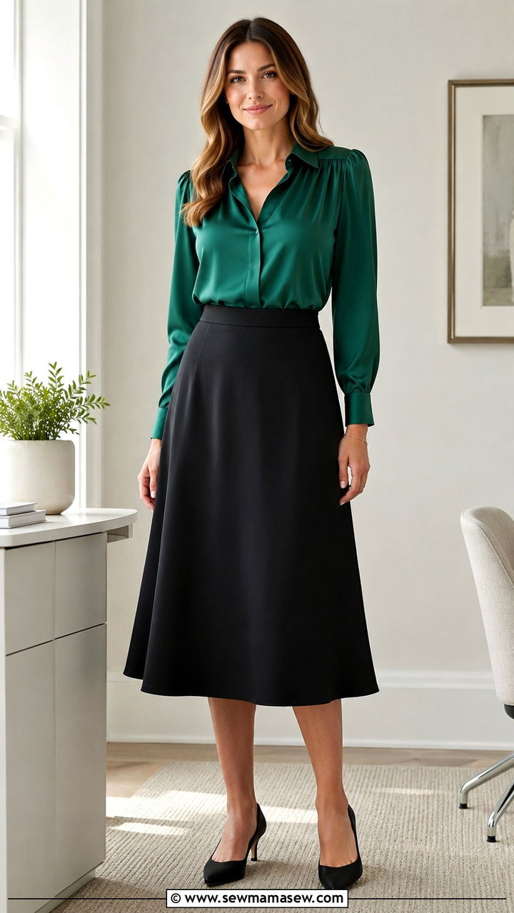 Satin Blouse and A Line Midi Skirt - 25 Work outfits for pear shape