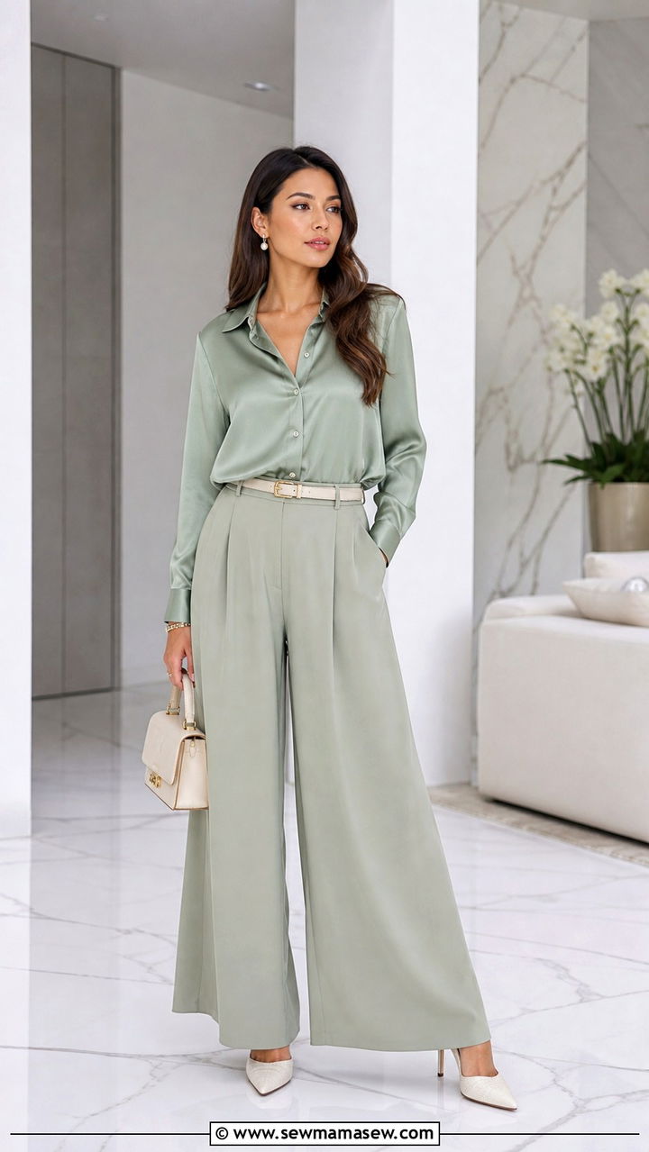 Satin Blouse and Wide Leg Palazzo Pants Outfit - 40 Spring office outfits
