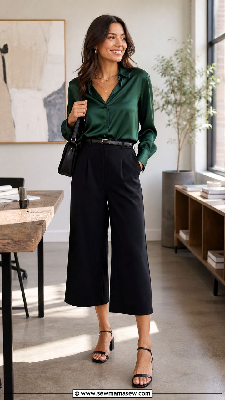 Satin Blouse with Culottes Office Outfit - 40 office outfits for women