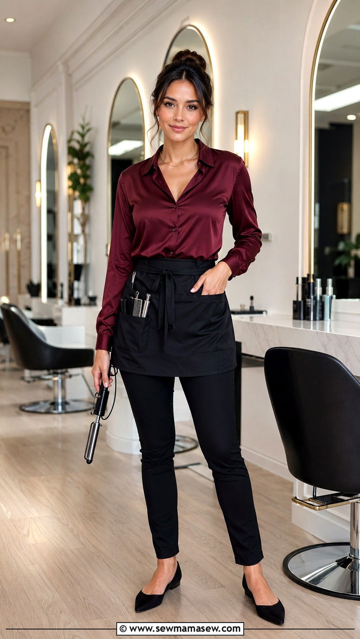Satin Blouse with Slim Black Pants - 20 Hairstylist outfit ideas