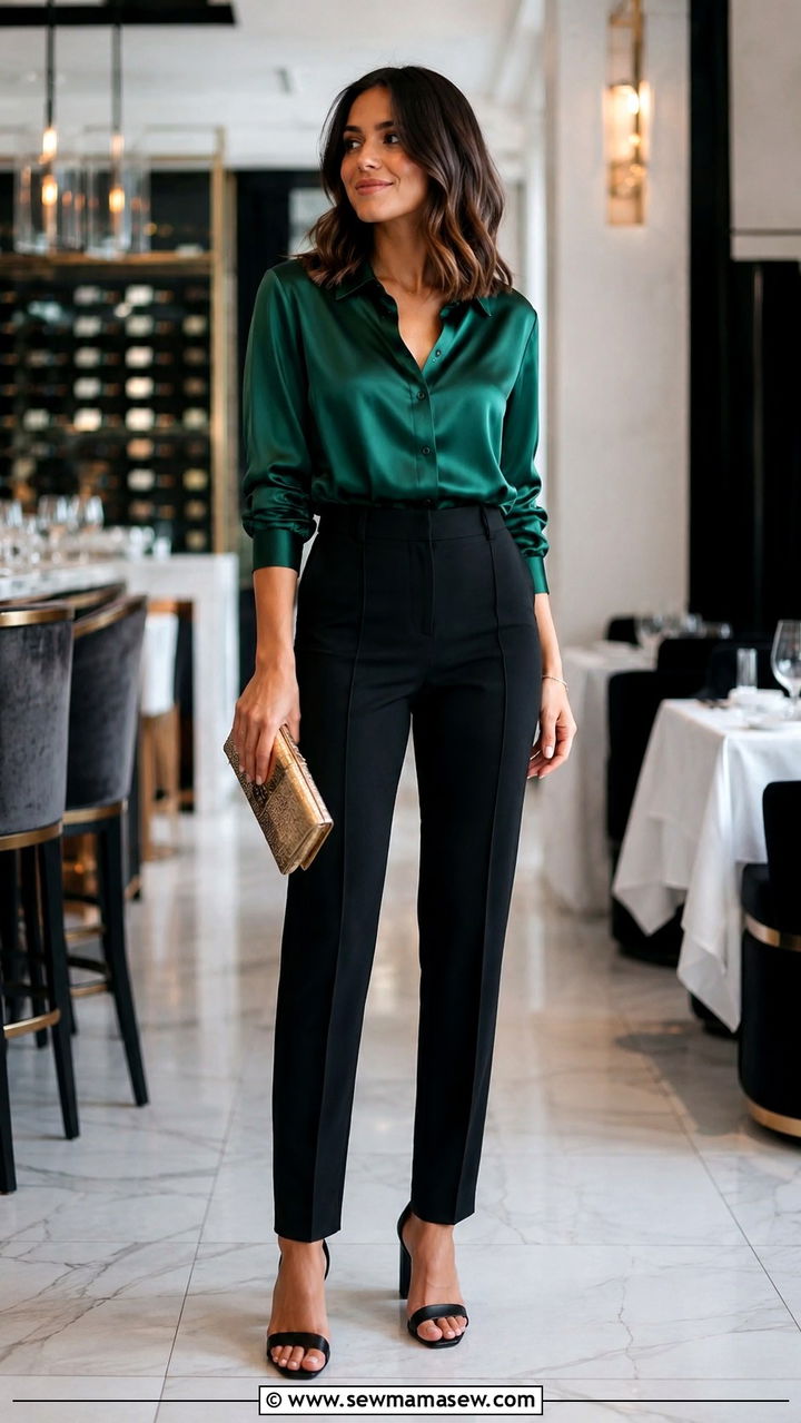 Satin Blouse with Tailored Trousers and Block Heels - 20 fashion inspo outfits inspo