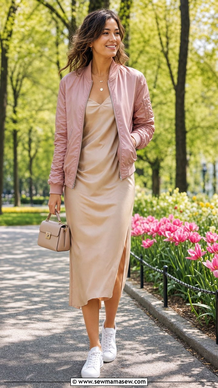 Satin Bomber Jacket With Slip Dress And White Sneakers - 25 spring business meets athletic outfit ideas