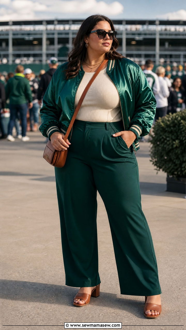 Satin Bomber Jacket With Wide Leg Pants And Heels - 30 Football game outfit ideas plus size