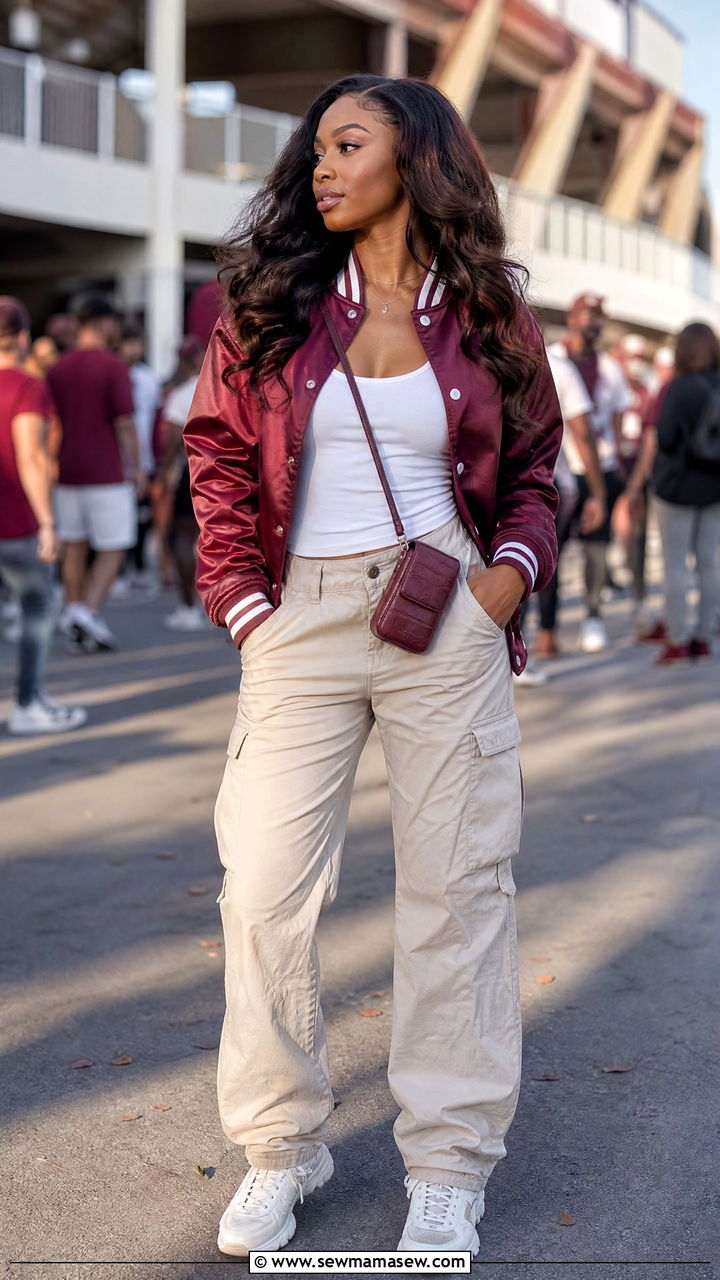 Satin Bomber Jacket with Cargo Pants - 35 Gameday outfit ideas college
