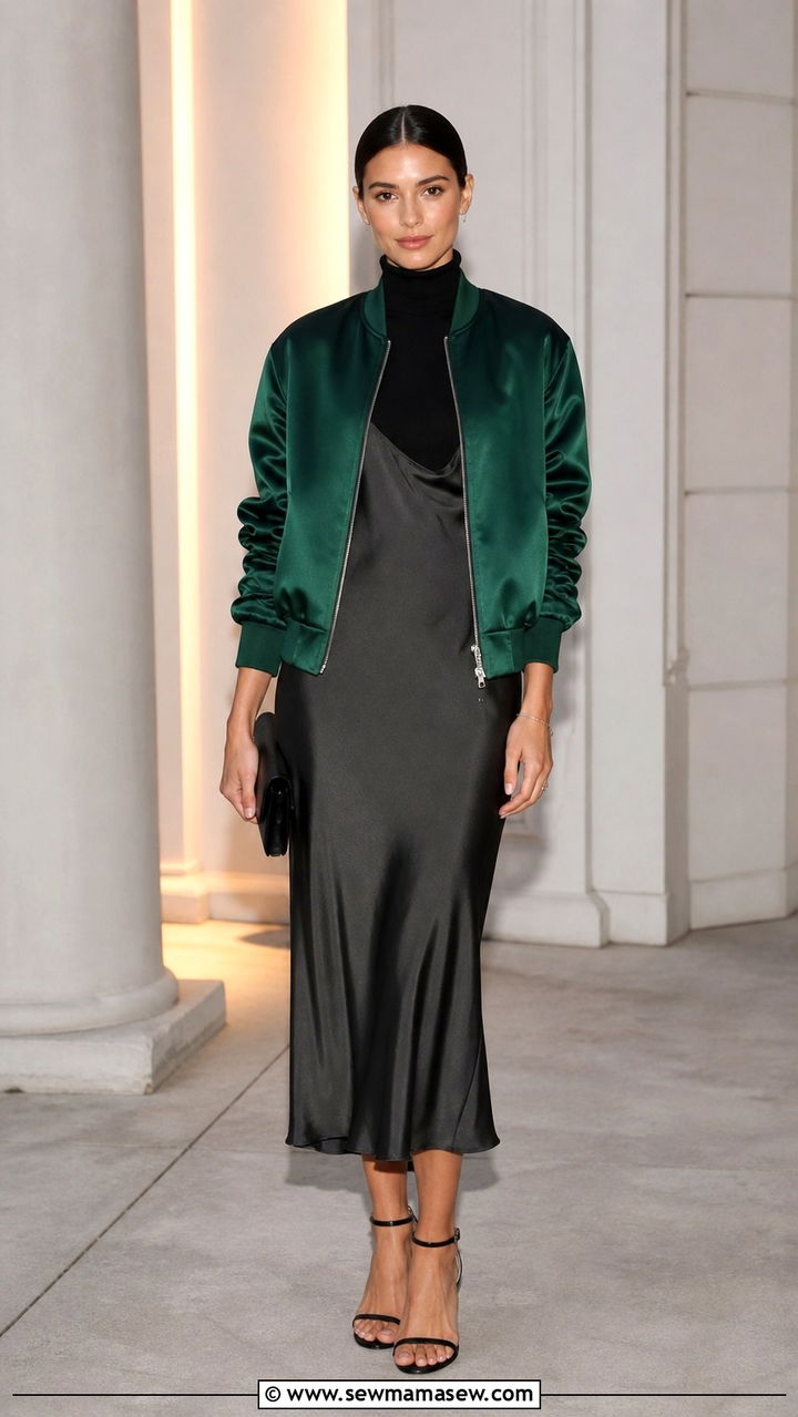 Satin Bomber Jacket with Slip Skirt - 40 casual bomber jacket outfits