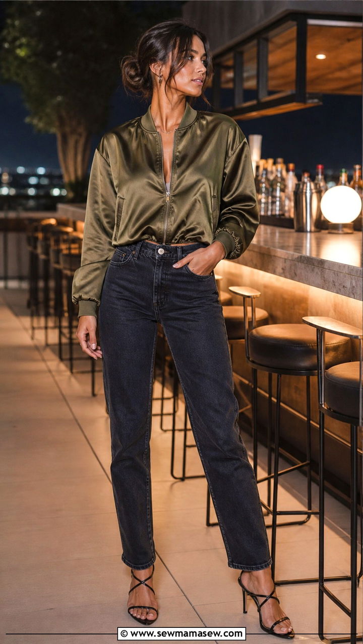 Satin Bomber Jacket with Straight Leg Jeans and Heels - 40 jacket outfits for women