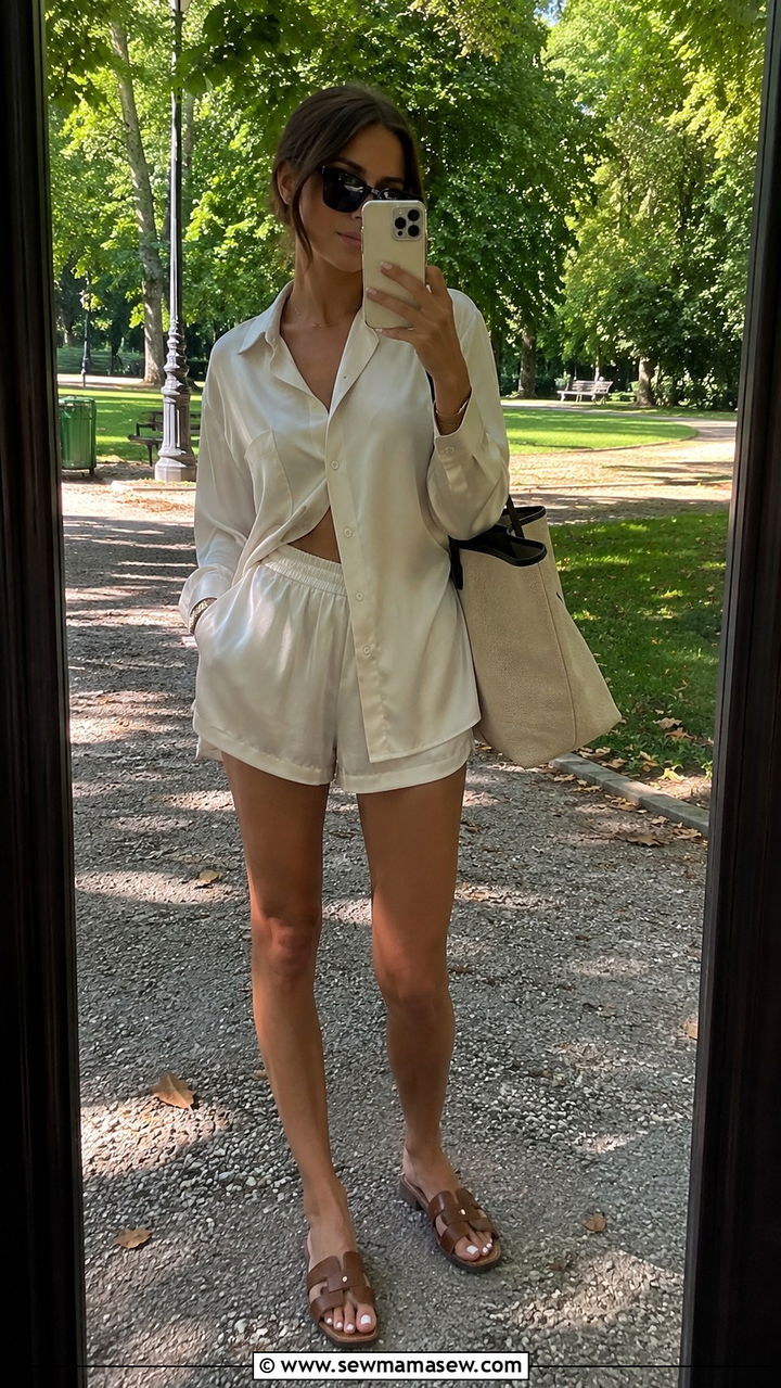 Satin Boxer Shorts Set With Sandals - 25 Satin loungewear outfit ideas