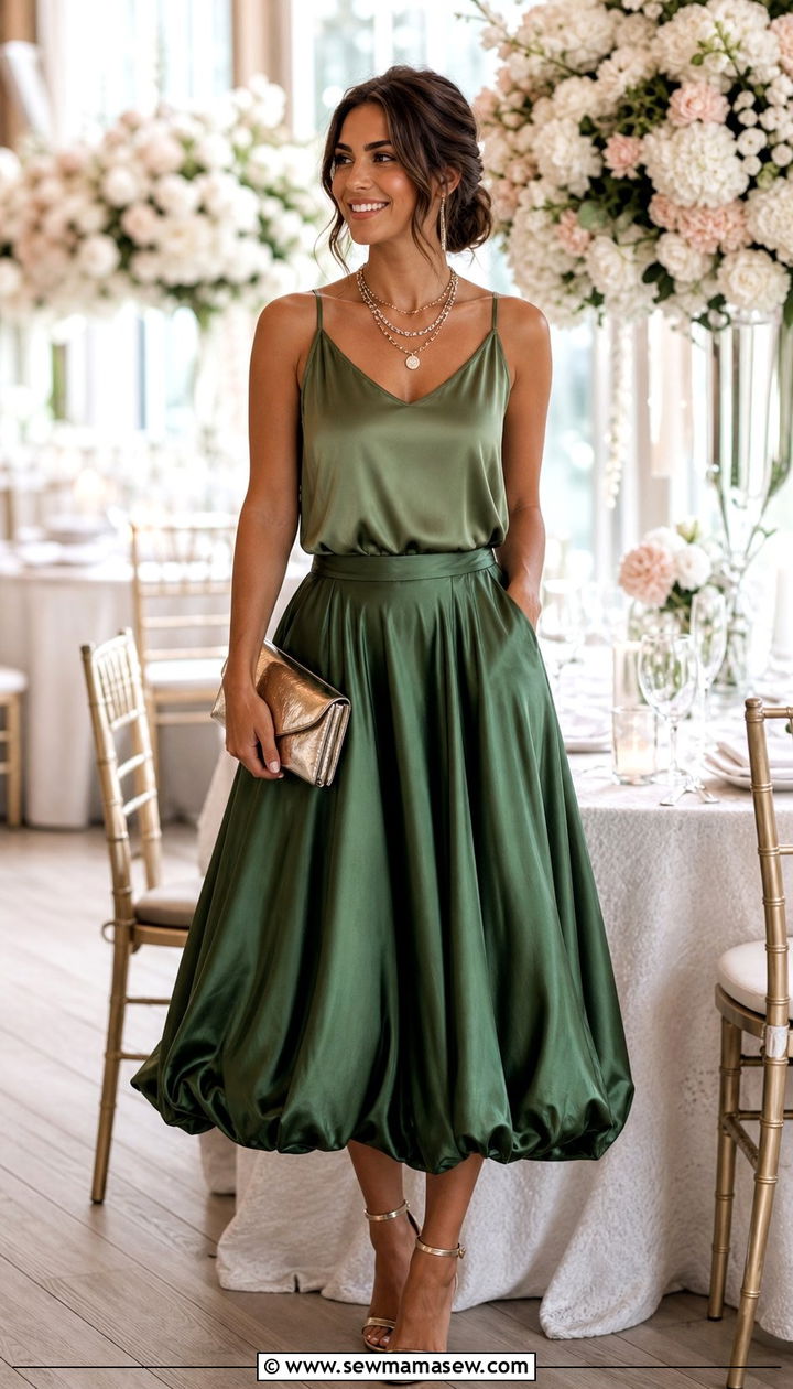 Satin Bubble Skirt With Camisole and Strappy Heels - 25 spring bubble skirt outfit ideas