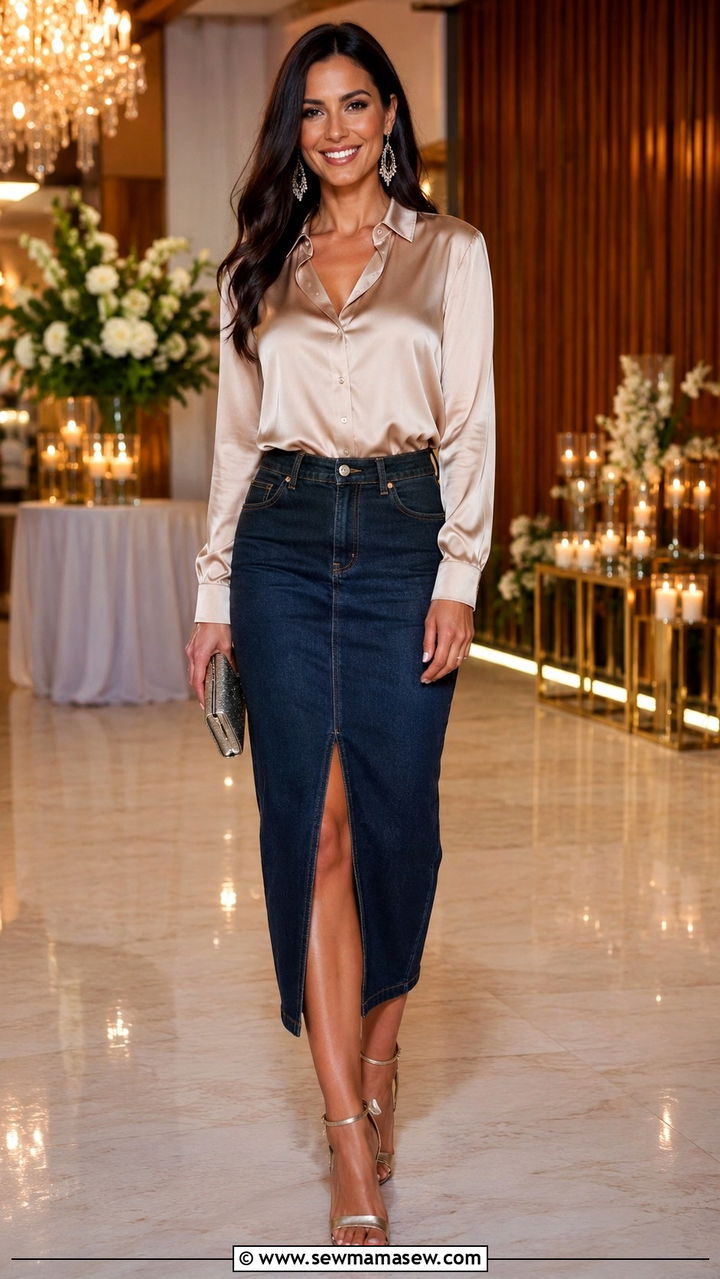 Satin Button Down Shirt with Denim Skirt - 30 Denim skirt outfit ideas with a button down