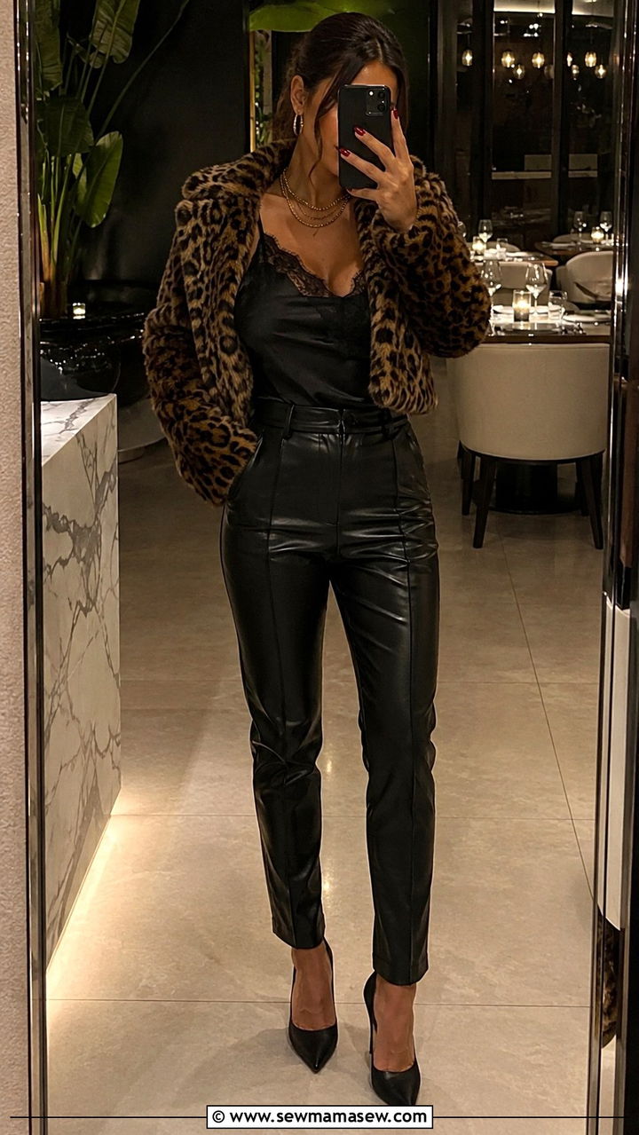 Satin Cami With Leather Pants And Pointed Toe Stilettos - 30 Mob wife outfits 2026