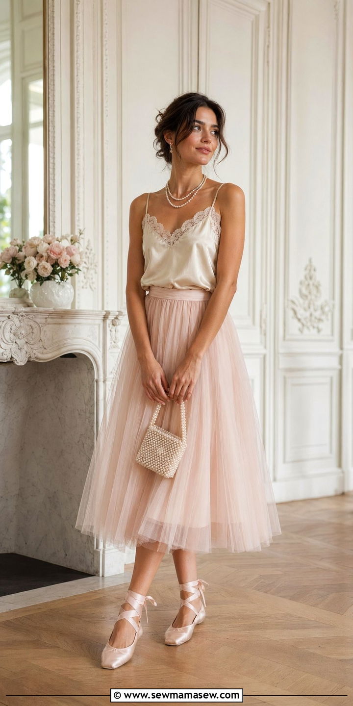 Satin Cami With Tulle Skirt And Pearl Accessories Outfit - 35 Balletcore spring outfits