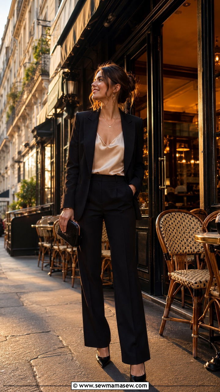 Satin Cami with Blazer and Tailored Trousers - 30 spring paris trip outfit ideas