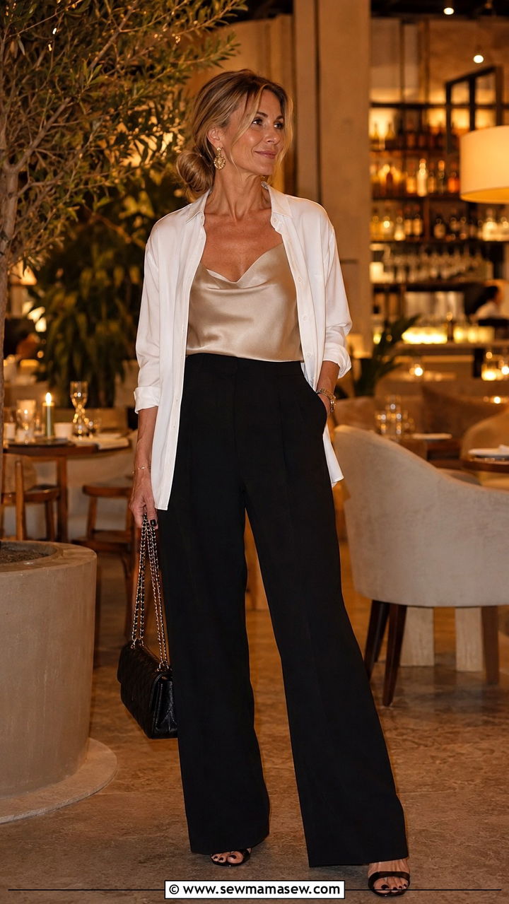 Satin Cami with Oversized Shirt and Wide Leg Trousers - 30 scandinavian outfit ideas for women over 40